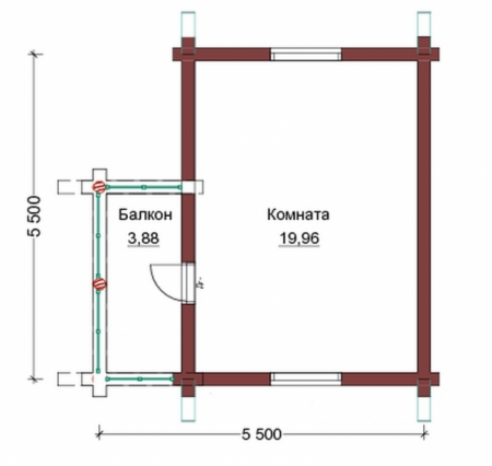 Сруб бани 5,5х5,5 м, 38.6 кв. м, с мансардой и террасой 