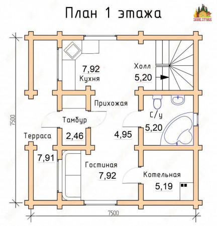 Сруб двухэтажного дома с террасой 94 м2