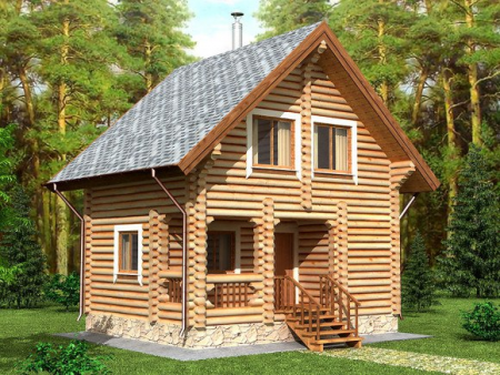 Дом с мансардой из бревна 5,5х6,8 м (74,8 кв.м)