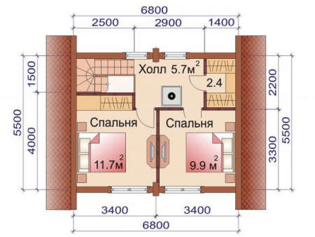 Дом с мансардой из бревна 5,5х6,8 м (74,8 кв.м)