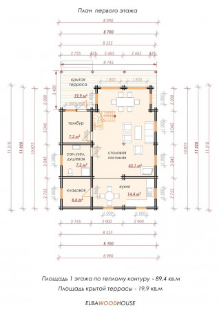 Дом с мансардой из двойного бруса, 12.3х9 м, 180 кв.м 