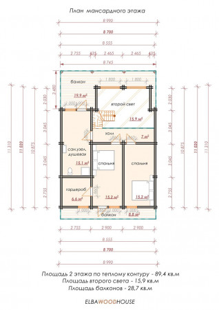 Дом с мансардой из двойного бруса, 12.3х9 м, 180 кв.м 