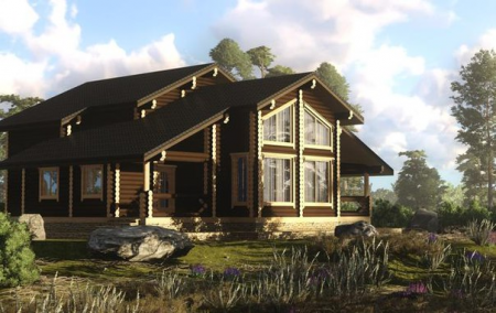 Двухэтажный дом с террасами из бревна 14х15 м (252 кв.м)