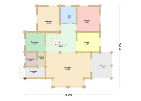 Двухэтажный дом с террасами из бревна 14х15 м (252 кв.м)