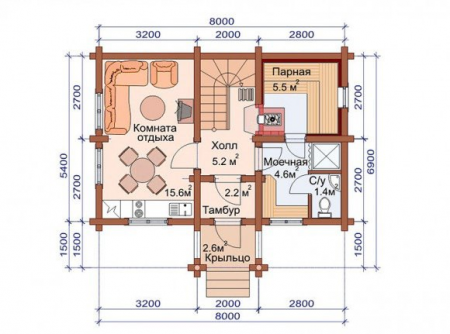 Дом с мансардой из бревна 5,4х8 м (86 кв.м)