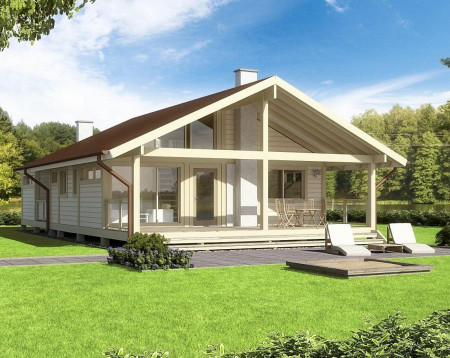 Дом с террасой из двойного бруса в стиле шале, 11.4х9 м, 70 кв.м