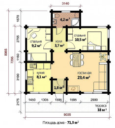 Дом с террасой из двойного бруса в стиле шале, 11.4х9 м, 70 кв.м 