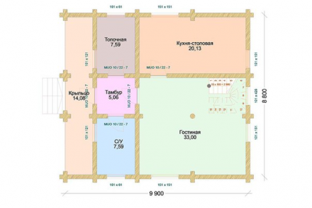 Двухэтажный дом с террасой из бревна 8,8х9,9 м (174,5 кв.м)