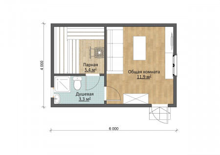 Одноэтажная каркасная баня 6х4 м, 20.7 м²