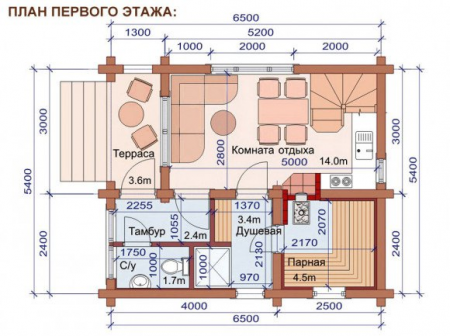 Дом с мансардой из бревна 5,4х6,5 м (70,2 кв.м)