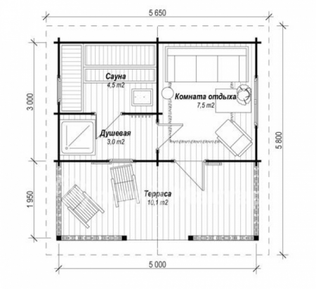Баня из бруса 5,65x5,8 м (15 кв.м) с верандой