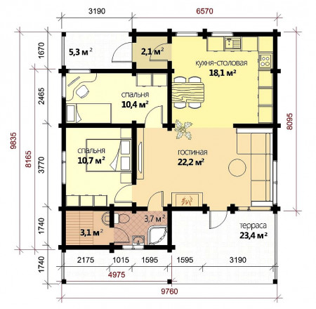 Красивый одноэтажный дом из двойного бруса, 11.5х9.7 м, 80 кв.м 