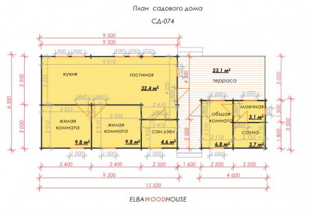 Садовый домик с верандой, 15.5х6.5 м, 71.5 кв. м, с террасой 