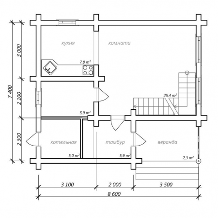 Дом с мансардой из бревна 7,4х8,6 м (128 кв.м)
