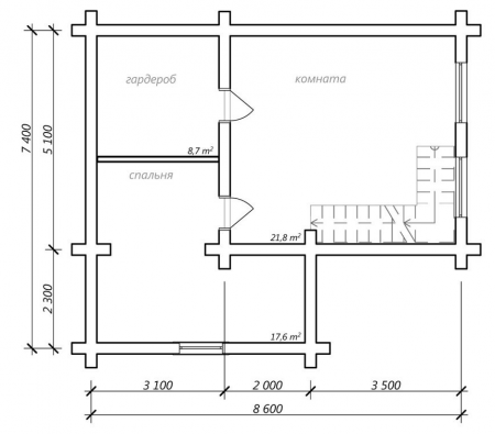 Дом с мансардой из бревна 7,4х8,6 м (128 кв.м)