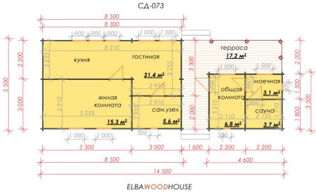 Одноэтажный садовый домик, 14.5х5.5 м, 56 кв. м, с террасой 