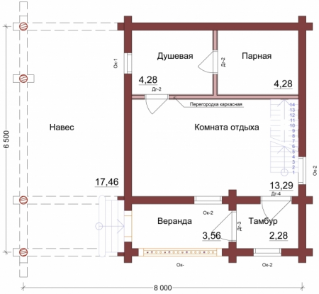 Баня из рубленного бревна 6,5х8 м, 54 м. кв с мансардой